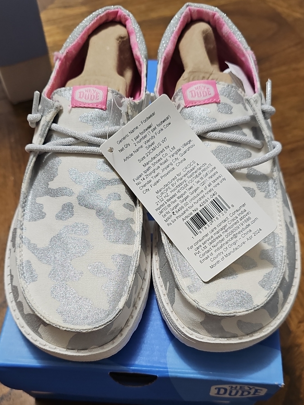 Hey Dude Women Slip-On Sneakers Wendy Funk Cow Silver with Pink Lining